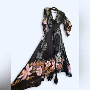 NWT Free People Black floral embroidered cocktail hour wrap dress S